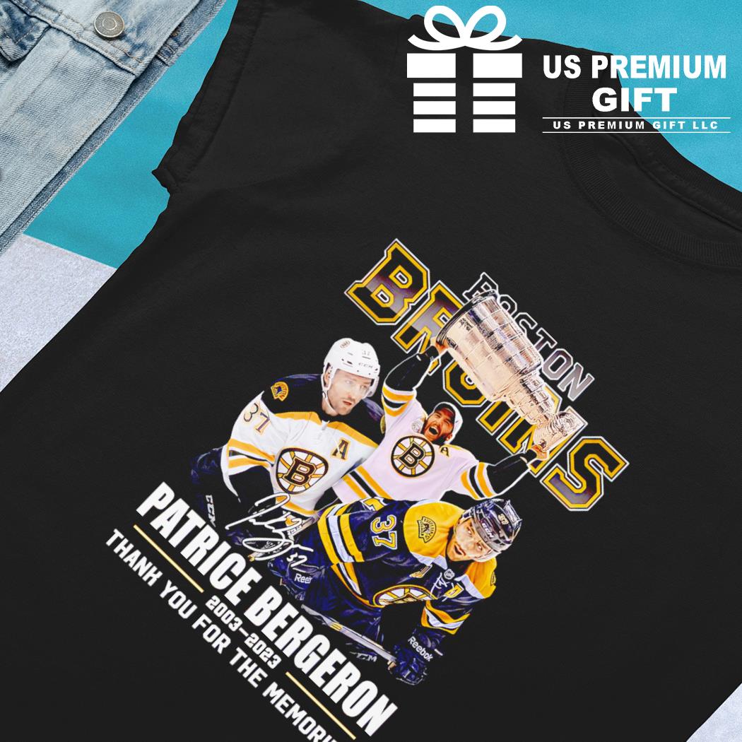 Patrice Bergeron 2003 2023 thank you for the memories signature shirt,  hoodie, sweater, long sleeve and tank top