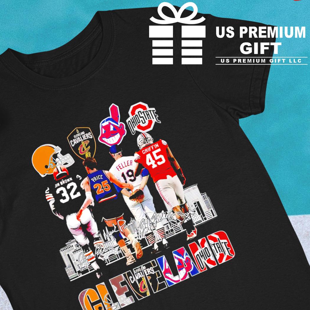 Cleveland 32 Jim Brown 25 Mark Price 19 Bob Feller 45 Archie Griffin logo  teams signatures shirt, hoodie, sweater, long sleeve and tank top