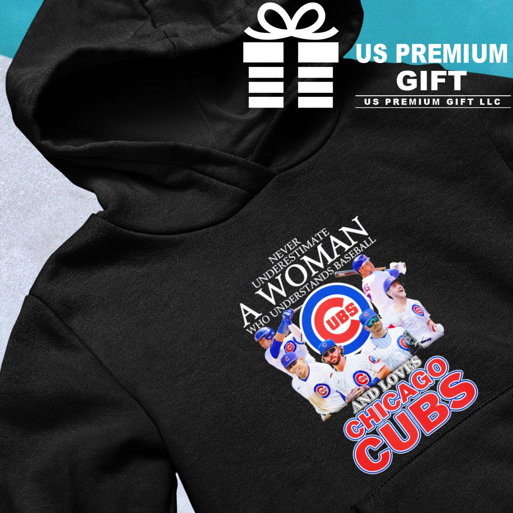 A woman who understands baseball and loves Chicago Cubs shirt