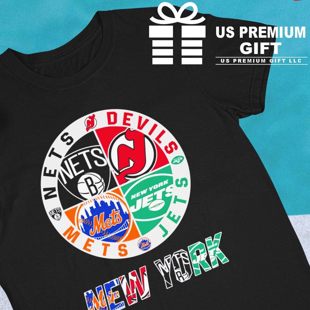 New York Mets Devils Nets Jets 4 teams sports circle logo shirt