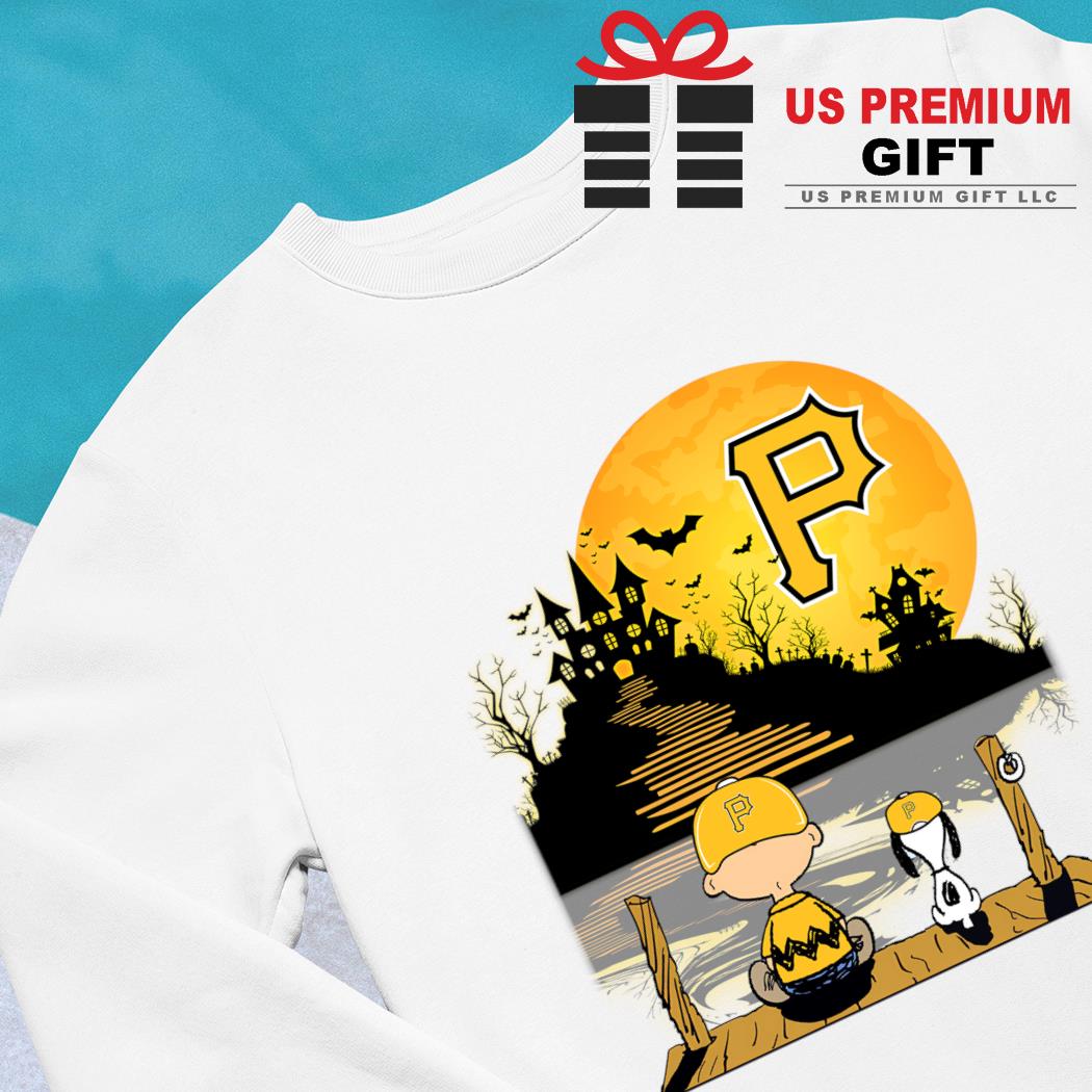 Peanuts Charlie Brown and Snoopy sit under moon Halloween Pittsburgh  Pirates logo shirt, hoodie, sweater, long sleeve and tank top