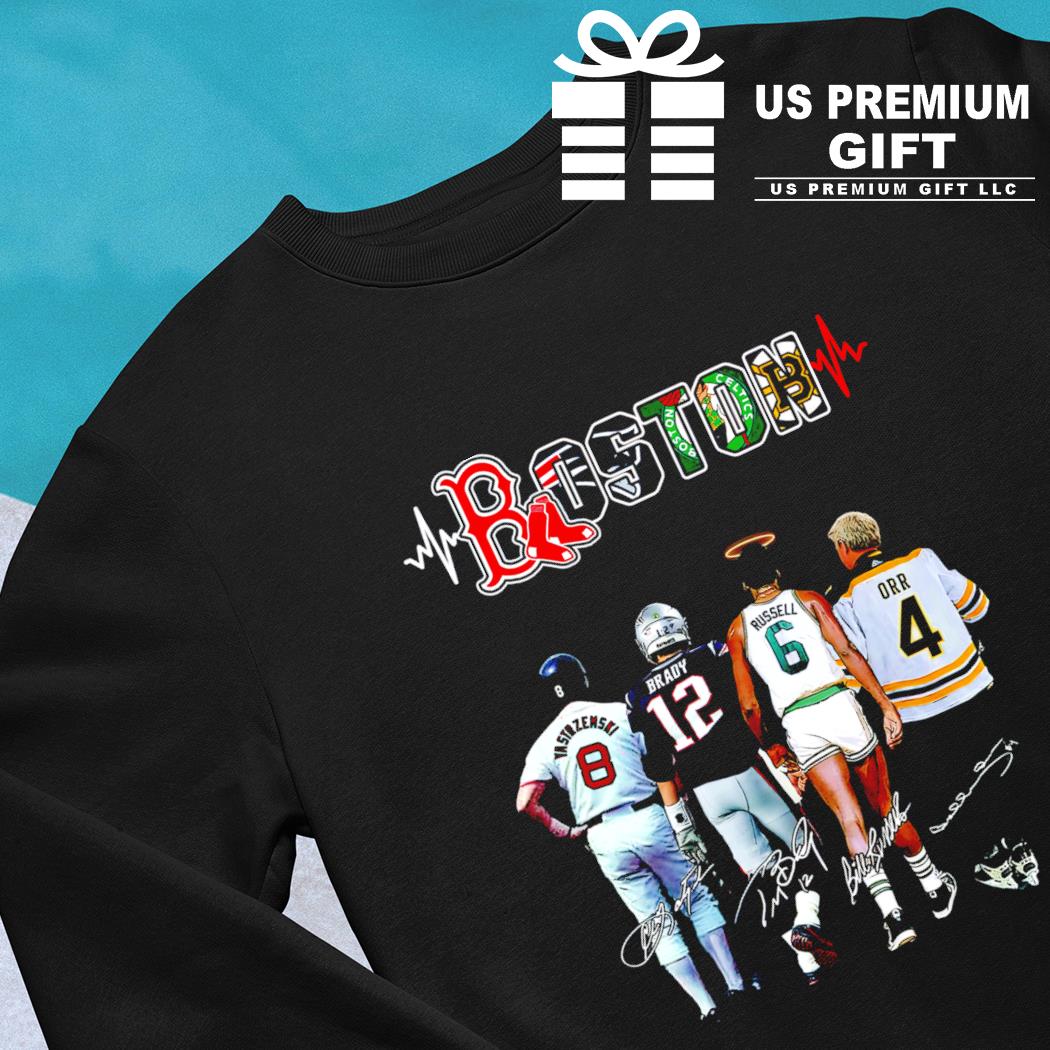 Boston Carl Yastrzemski 8 Tom Brady 12 Bill Russell 6 Bobby Orr 4 legends  signature sport shirt, hoodie, sweater, long sleeve and tank top