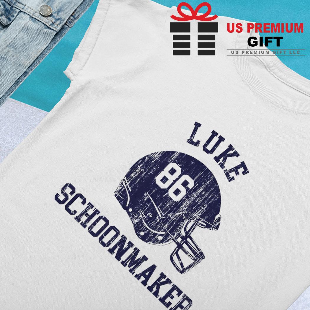 Luke Schoonmaker 86 Dallas Cowboys football helmet font text shirt