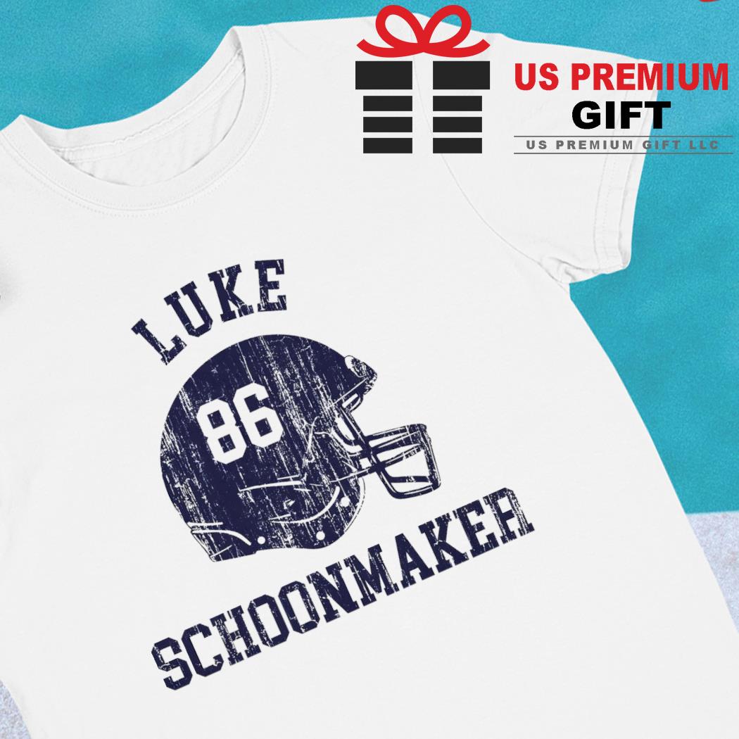 Luke Schoonmaker 86 Dallas Cowboys football helmet font text shirt