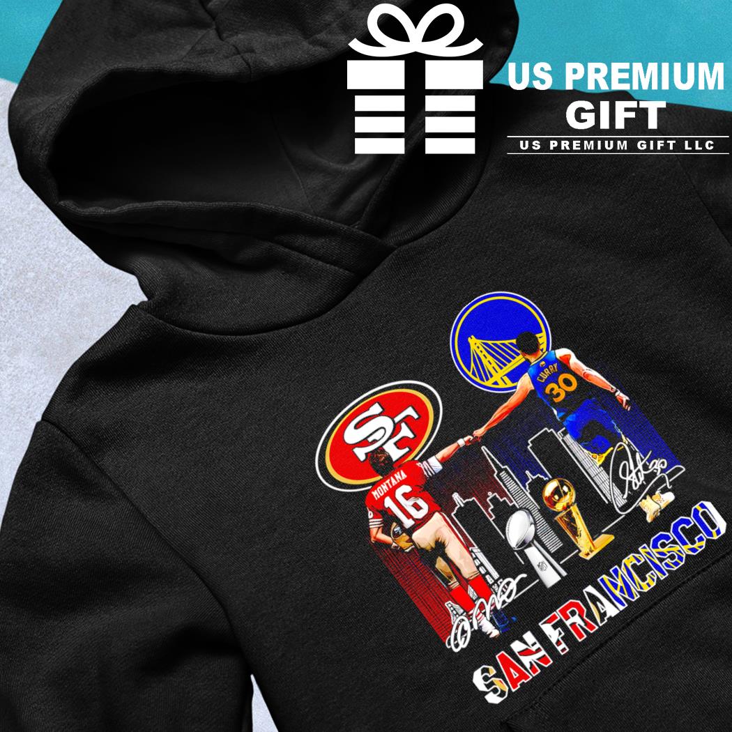 San Francisco 49ers Joe Montana and Golden State Warriors Stephen Curry  skyline signatures shirt, hoodie, longsleeve tee, sweater