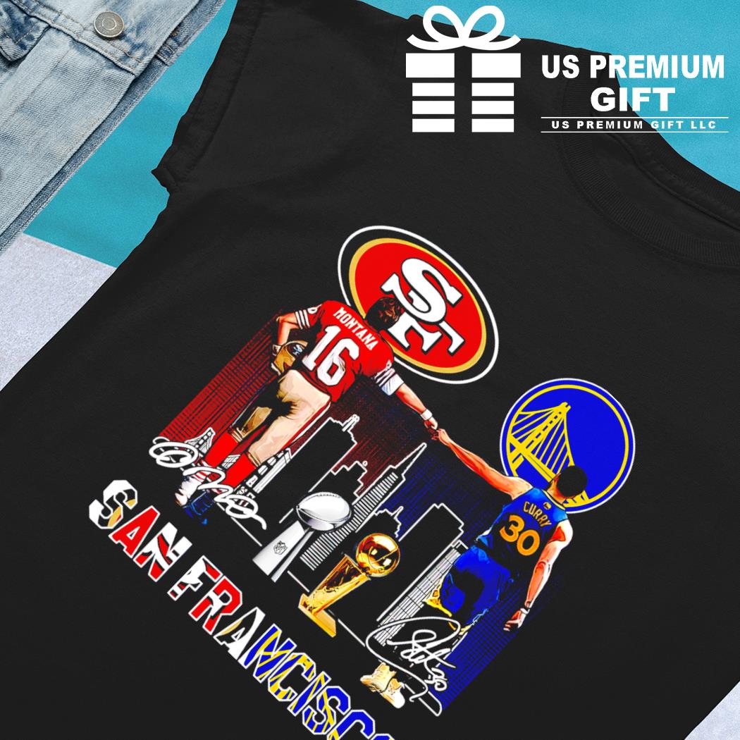 San Francisco Joe Montana Jersey 16 Stephen Curry 30 legends signature city  skyline poster sport shirt, hoodie, sweater, long sleeve and tank top