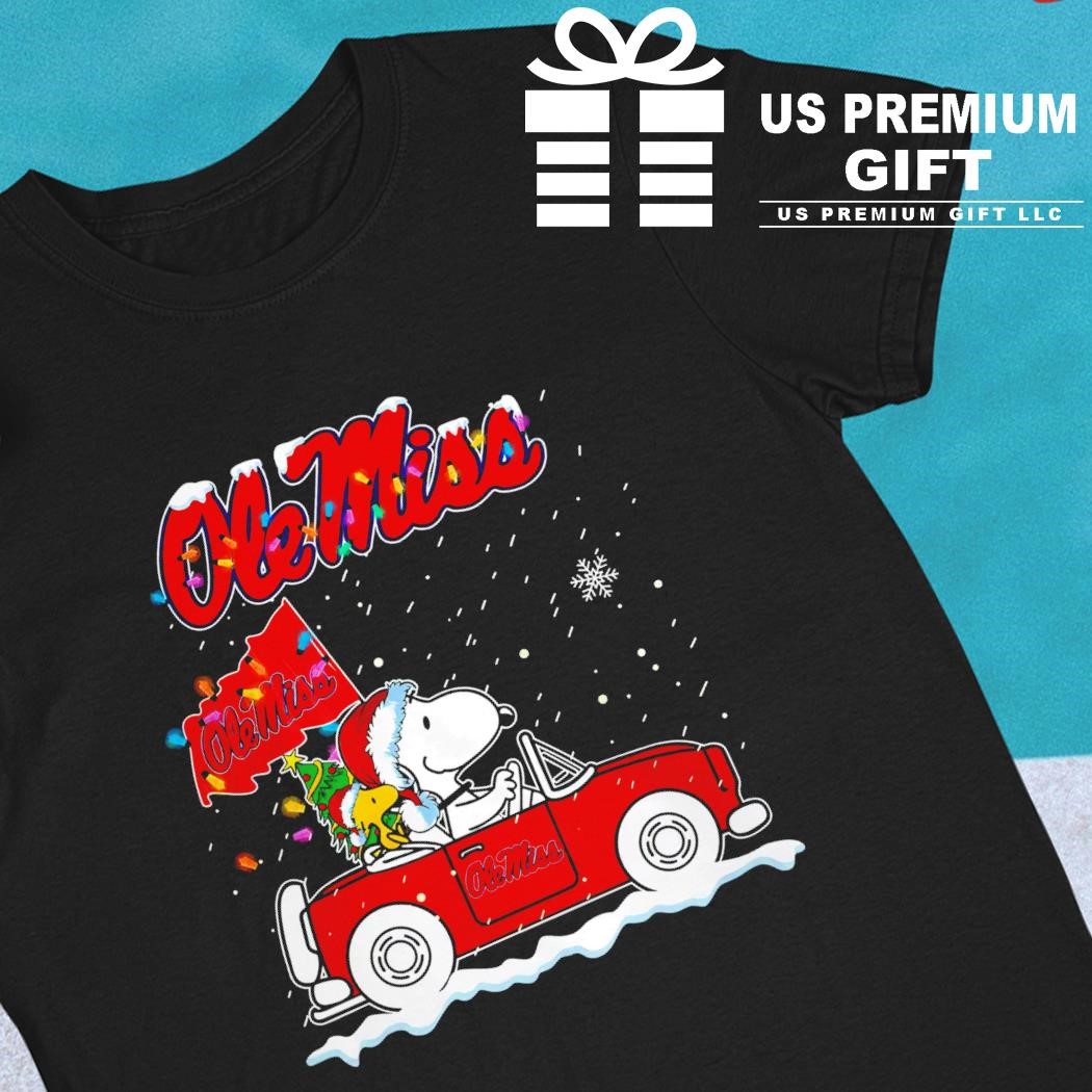 Peanuts Snoopy and Woodstock drive a car Ole Miss Rebels cartoon football Christmas gift shirt